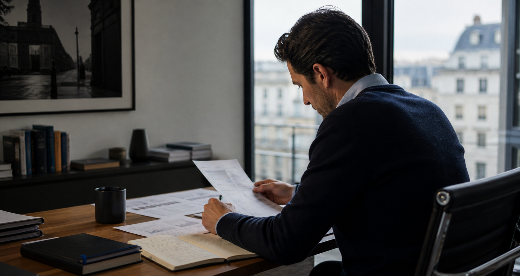An investment professional reviewing market research in natural daylight